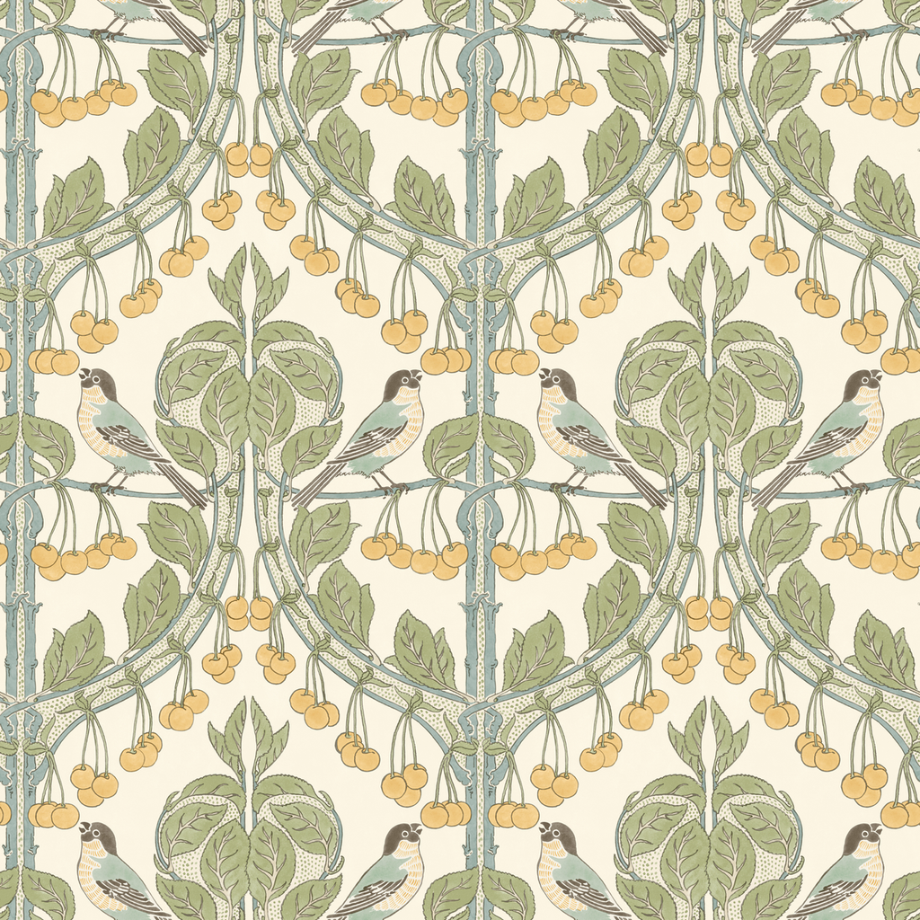 Birds & Cherries - Aqua Blue By G P & J Baker | Original Brantwood Wallcovering |Animal/Insects  Wallcovering