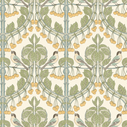 Birds & Cherries - Aqua Blue By G P & J Baker | Original Brantwood Wallcovering |Animal/Insects  Wallcovering