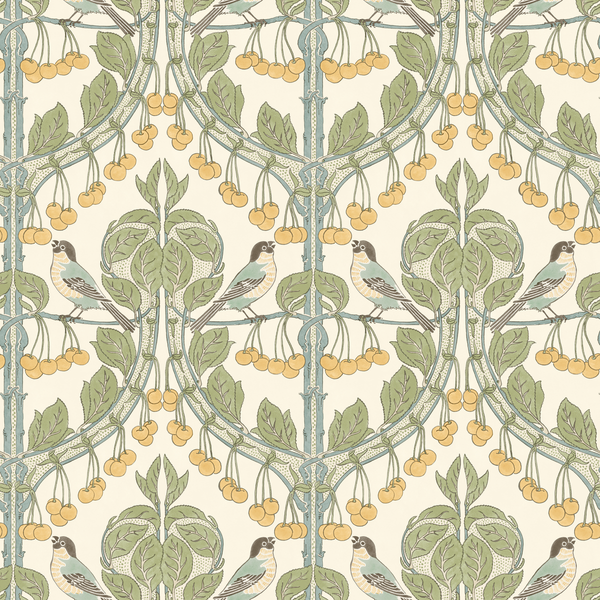 Birds & Cherries - Aqua Blue By G P & J Baker | Original Brantwood Wallcovering |Animal/Insects  Wallcovering
