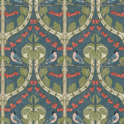 Birds & Cherries - Indigo Blue By G P & J Baker | Original Brantwood Wallcovering |Animal/Insects  Wallcovering