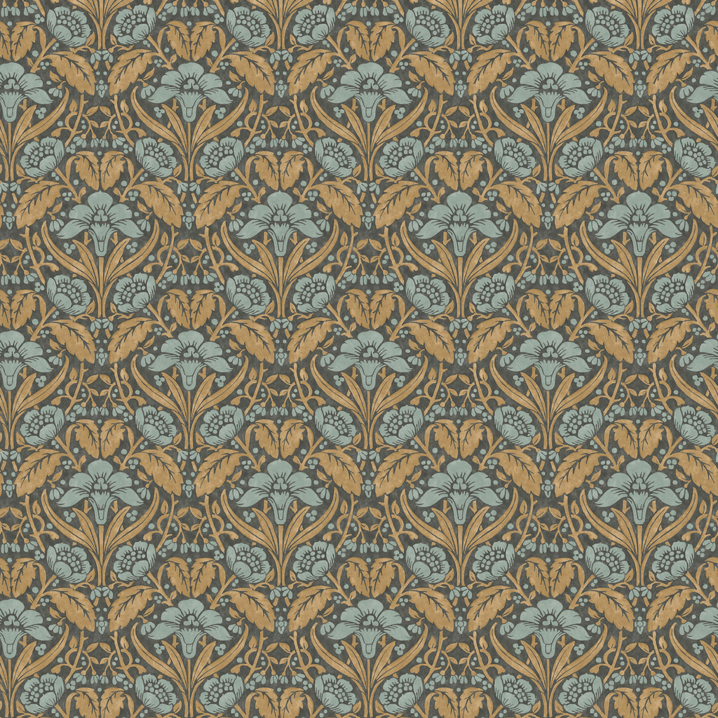 Iris Meadow - Aqua/Ochre Blue By G P & J Baker | Original Brantwood Wallcovering |Botanical & Floral  Wallcovering