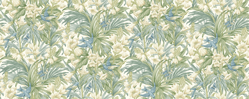 Trumpet Flowers - Blue/Green Blue By G P & J Baker | Original Brantwood Wallcovering |Botanical & Floral  Wallcovering