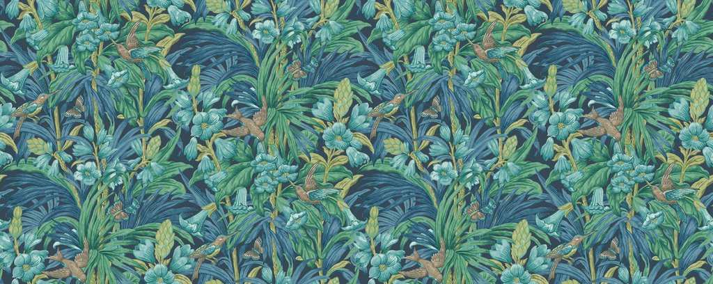 Trumpet Flowers - Indigo/Teal Blue By G P & J Baker | Original Brantwood Wallcovering |Botanical & Floral  Wallcovering