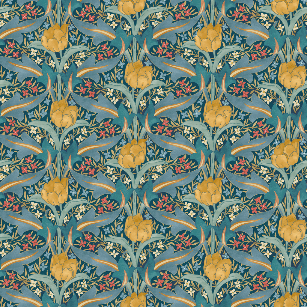 Tulip & Jasmine - Teal By G P & J Baker | Original Brantwood Wallcovering |Botanical & Floral Wallcovering