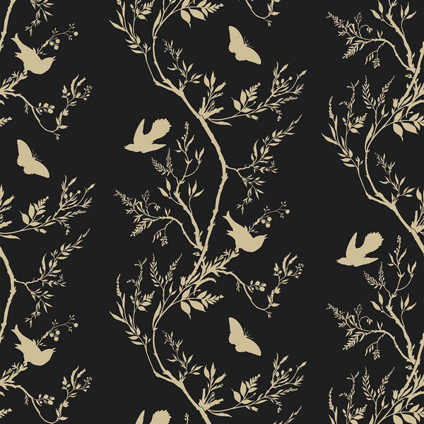 Birdbranch Stripe Gold Peral on Black | Timorous Beasties Wallcovering