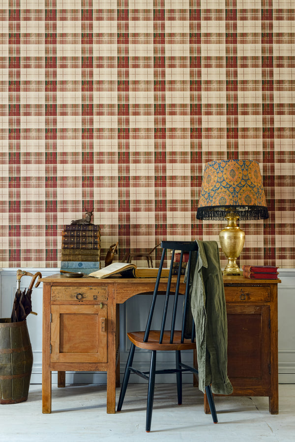 Countryside Plaid Leather - Green, Yellow, Leather Wallcovering | Mind the Gap