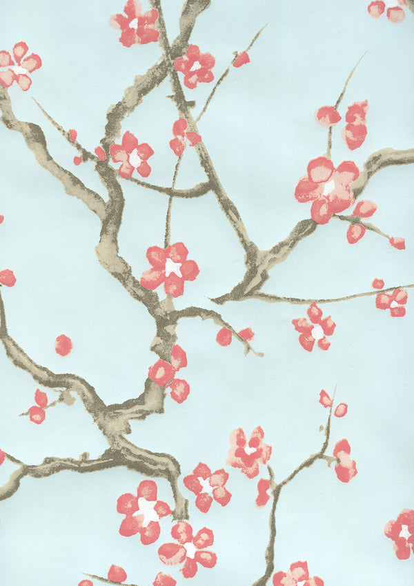 Cherry Branch Pale Blue Pink Taupe Brown Screen Printed | China Seas