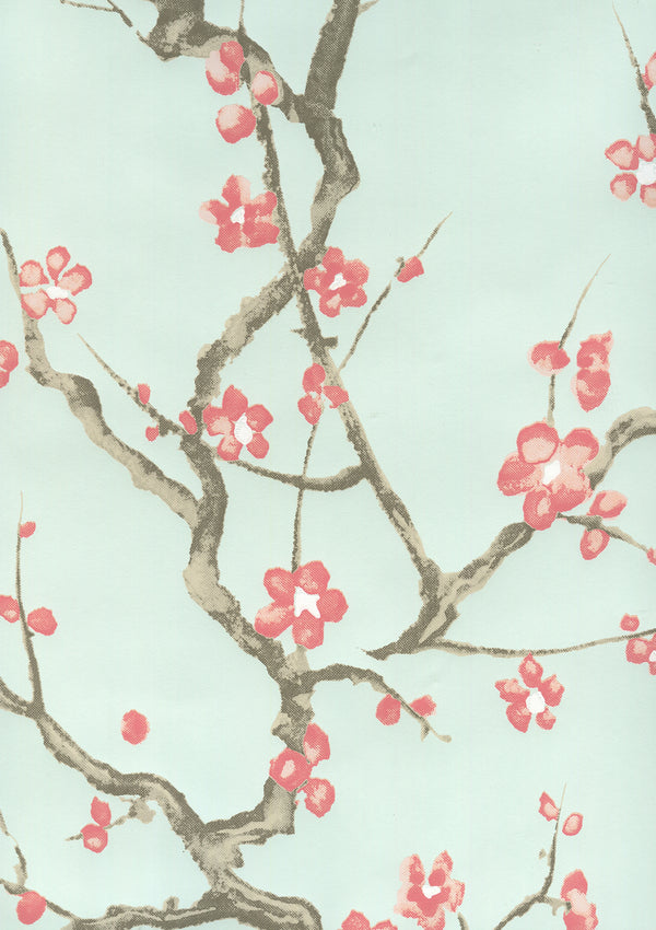 Cherry Branch Pale Celadon Pink Taupe Brown Screen Printed | China Seas