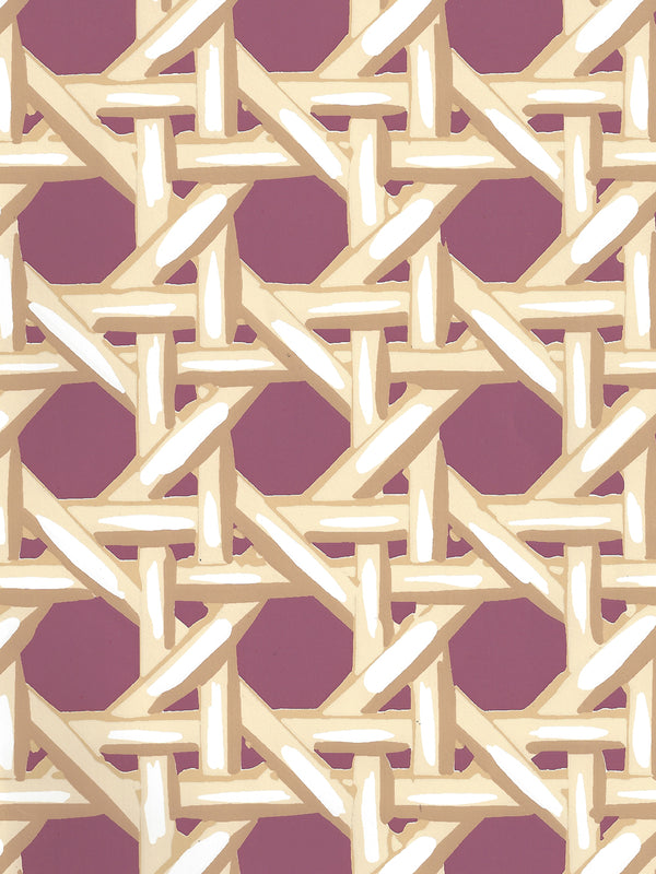 Club Cane Cream Taupe Eggplant Screen Printed - Mauve Wallcovering | China Seas