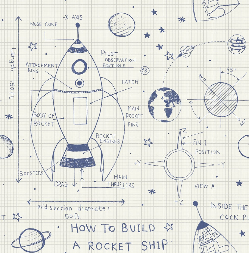 Malibu Rocket Ship Wallpaper - Contemporary Kids & Nursery - White and Navy | Malibu Wallpaper