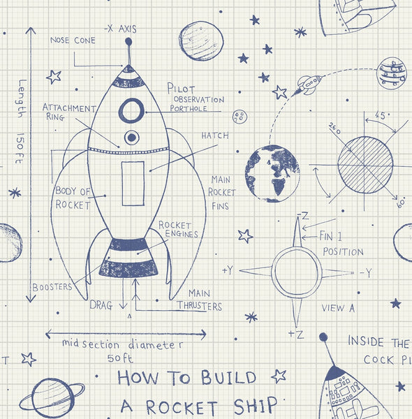 Malibu Rocket Ship Wallpaper - Contemporary Kids & Nursery - White and Navy | Malibu Wallpaper