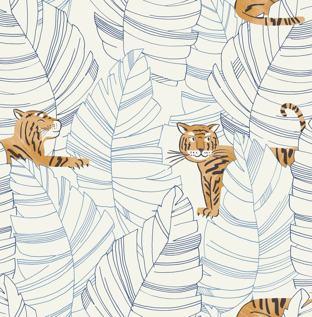 Malibu Hiding Tigers Wallpaper - Contemporary Kids & Nursery - Sky Blue and Orange | Malibu Wallpaper