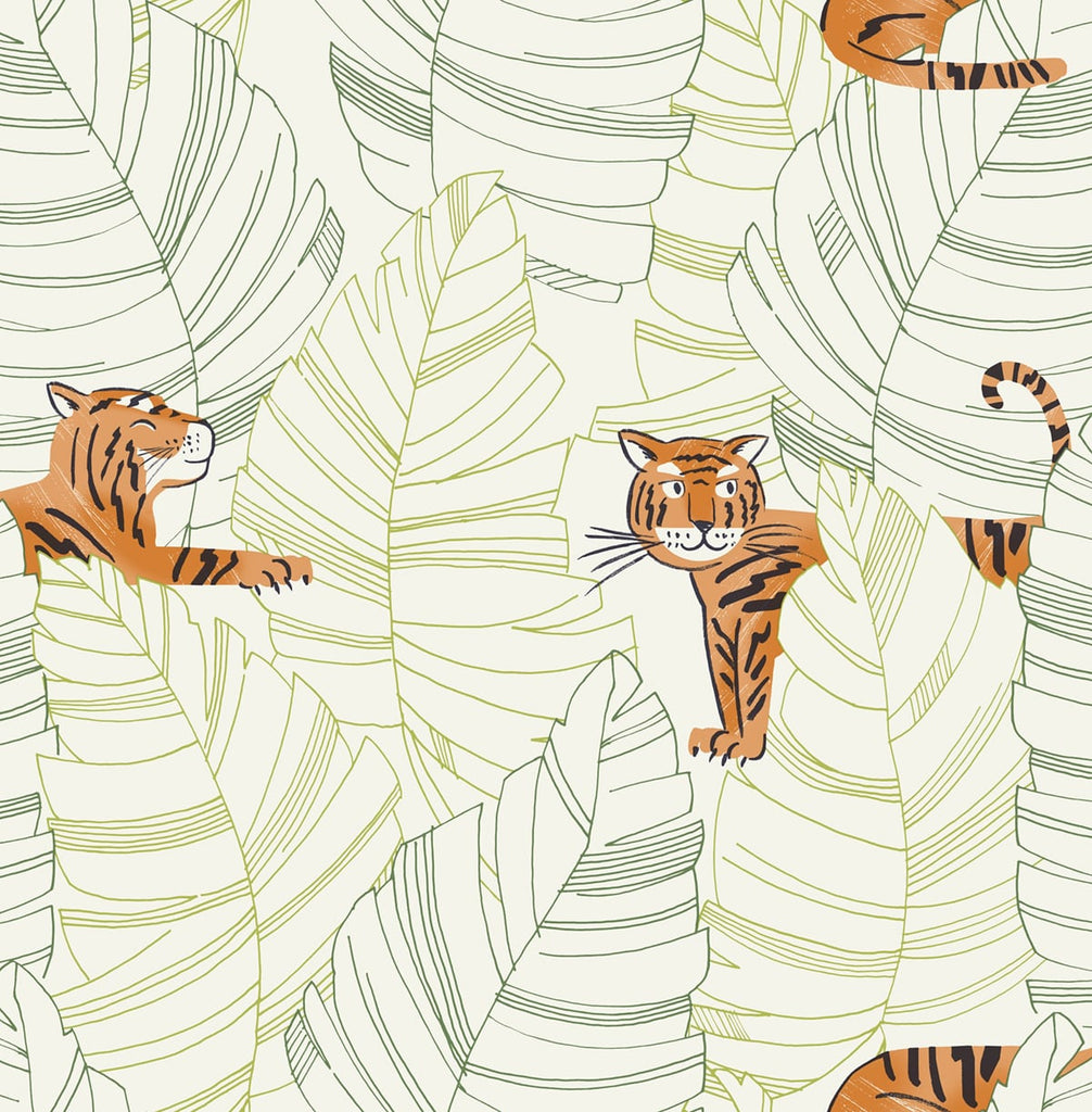 Malibu Hiding Tigers Wallpaper - Contemporary Kids & Nursery - Green and Orange | Malibu Wallpaper