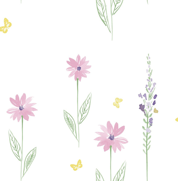 Malibu Daisy Field Wallpaper - Contemporary Kids & Nursery - Pink and Green | Malibu Wallpaper