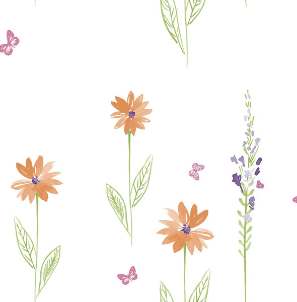 Malibu Daisy Field Wallpaper - Contemporary Kids & Nursery - Orange and Lime | Malibu Wallpaper
