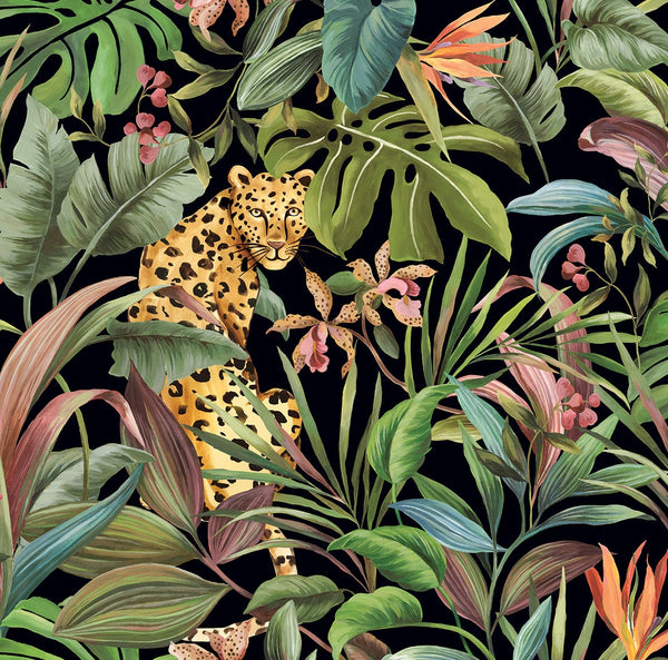 Malibu Ps Tropical Leopard Contemporary Animal Print - Gloss Black | Peel and Stick Removable Wallcovering