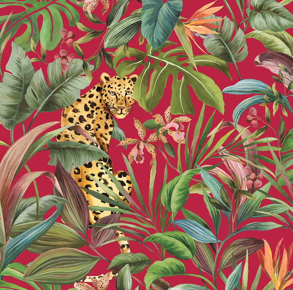 Malibu Ps Tropical Leopard Contemporary Animal Print - Gloss Red | Peel and Stick Removable Wallcovering