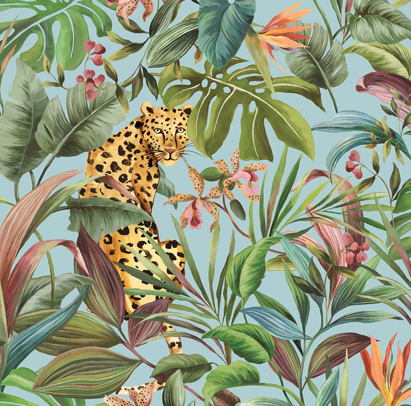 Malibu Ps Tropical Leopard Contemporary Animal Print - Gloss Sky Blue | Peel and Stick Removable Wallcovering
