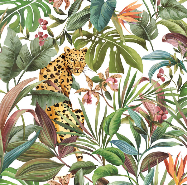 Malibu Ps Tropical Leopard Contemporary Animal Print - Gloss White | Peel and Stick Removable Wallcovering