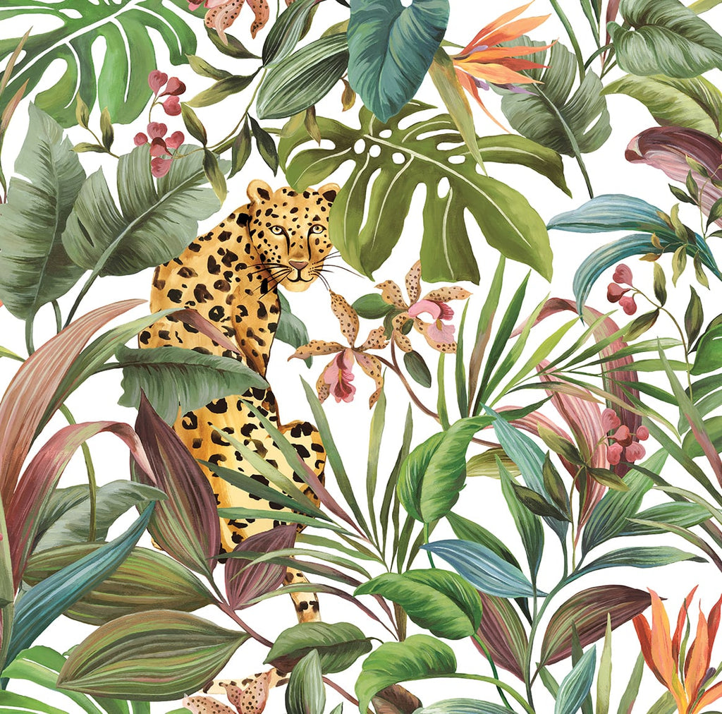 Malibu PS Tropical Leopard  Contemporary Animal Print - Gloss White | Peel and Stick Removable Wallpaper