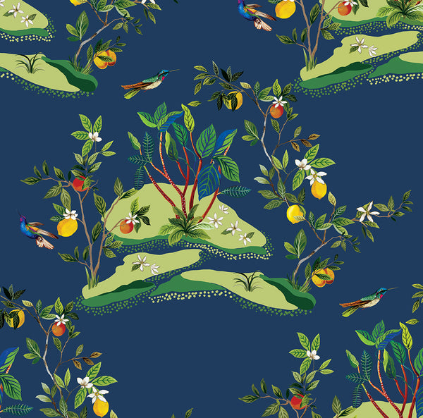 Citrus Hummingbird Contemporary Palm Leaf - Navy Blue | Architectural Wallcoverings