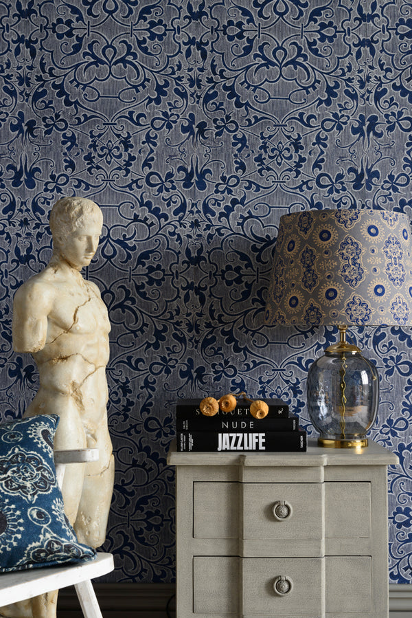 Deco Trellis - Blue, Grey Wallcovering | Mind the Gap