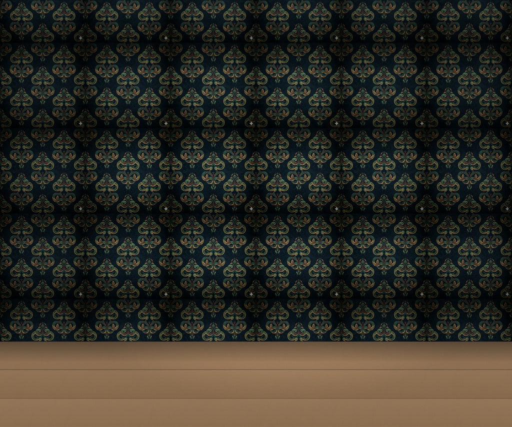 Deep Indigo & Olive Green Damask with Serpents Wallcovering | DW Bespoke Studios - Room Setting