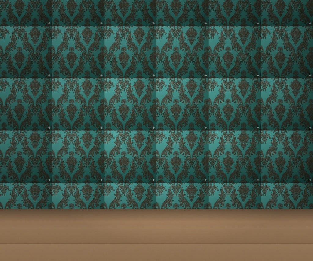 Teal Blue & Dark Chocolate Brown Damask with Florals Wallcovering | DW Bespoke Studios - Room Setting