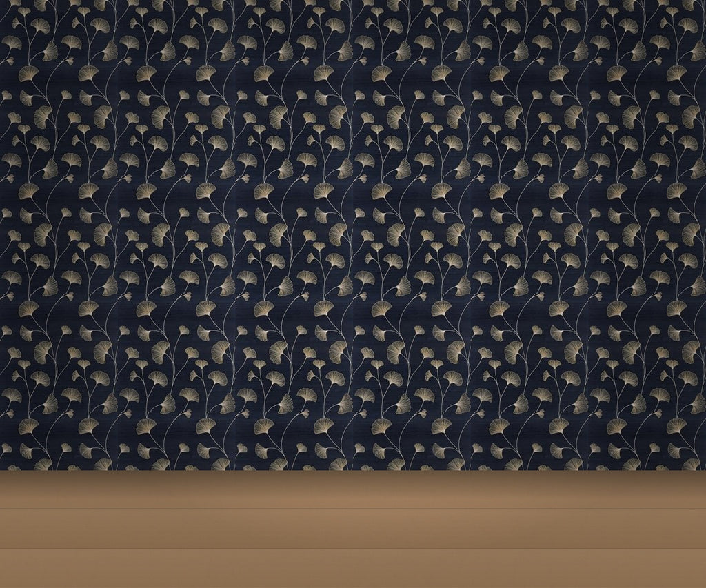 Midnight Blue & Antique Gold Floral with Ginkgo Leaves Wallcovering | DW Bespoke Studios - Room Setting