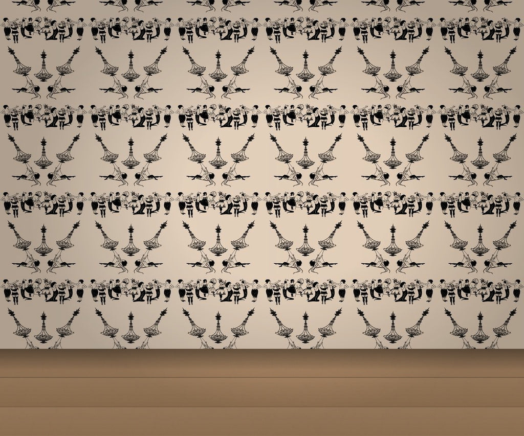 Black & Beige Toile with Chandeliers and Figures Wallcovering | DW Bespoke Studios - Room Setting