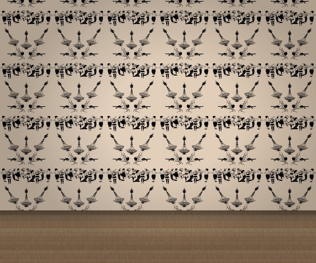 Black & Beige Toile with Figures and Chandeliers Wallcovering | DW Bespoke Studios - Room Setting