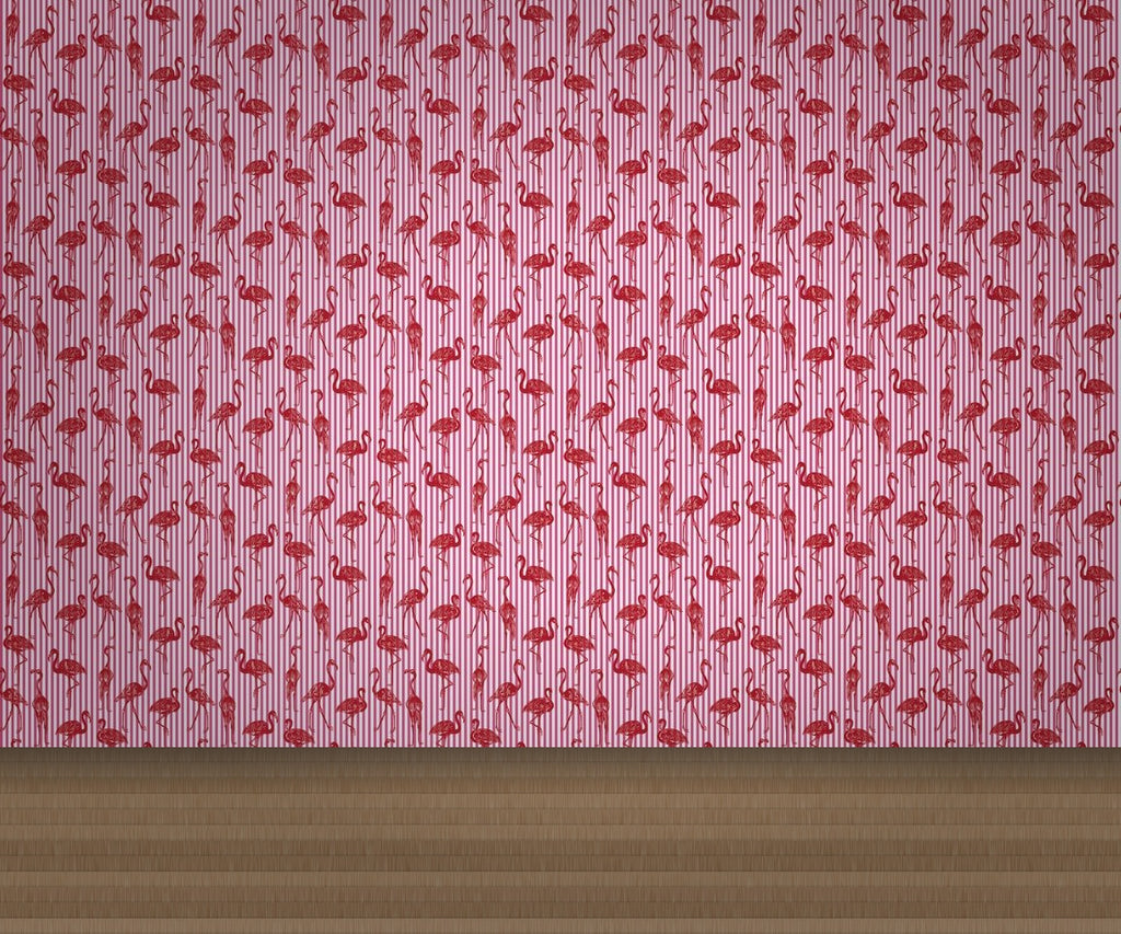 Fuchsia Pink & Crimson Red Stripe with Flamingos Wallcovering | DW Bespoke Studios - Room Setting