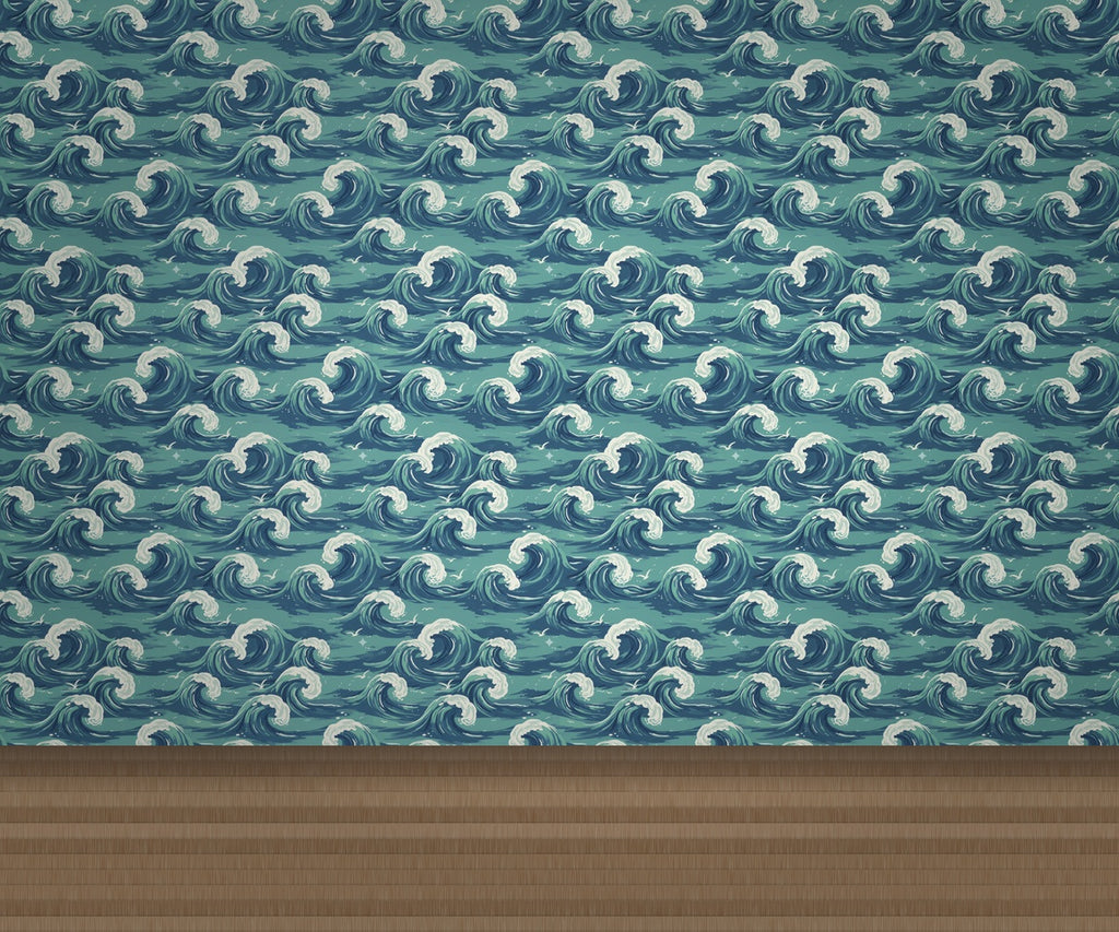 Teal Blue & Seafoam Green Wave with Birds Wallcovering | DW Bespoke Studios - Room Setting