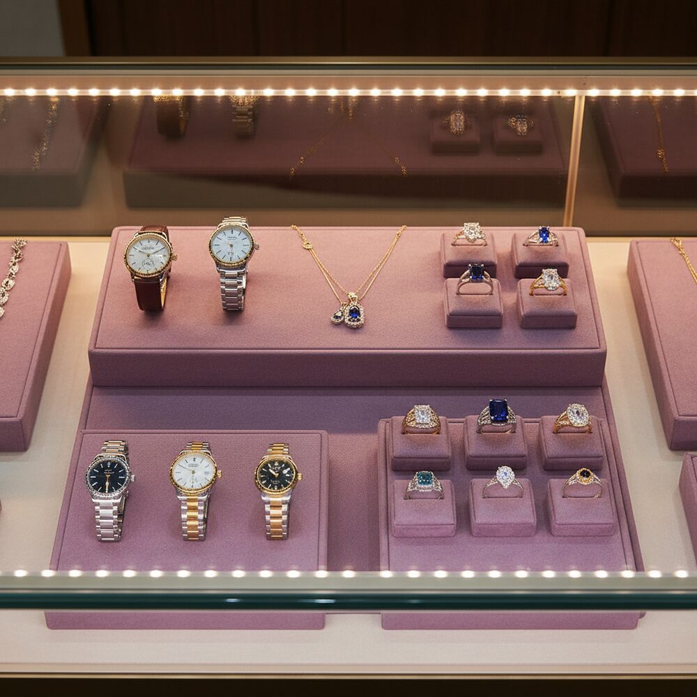 Jewelry display case in DWCC-102000-Per Yard Wallcovering with Backing