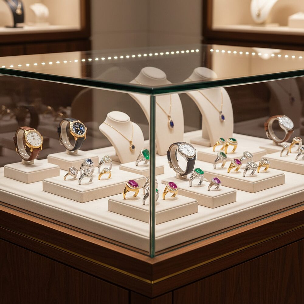 Jewelry display case in DWCC-103200-Per Yard Wallcovering with Backing