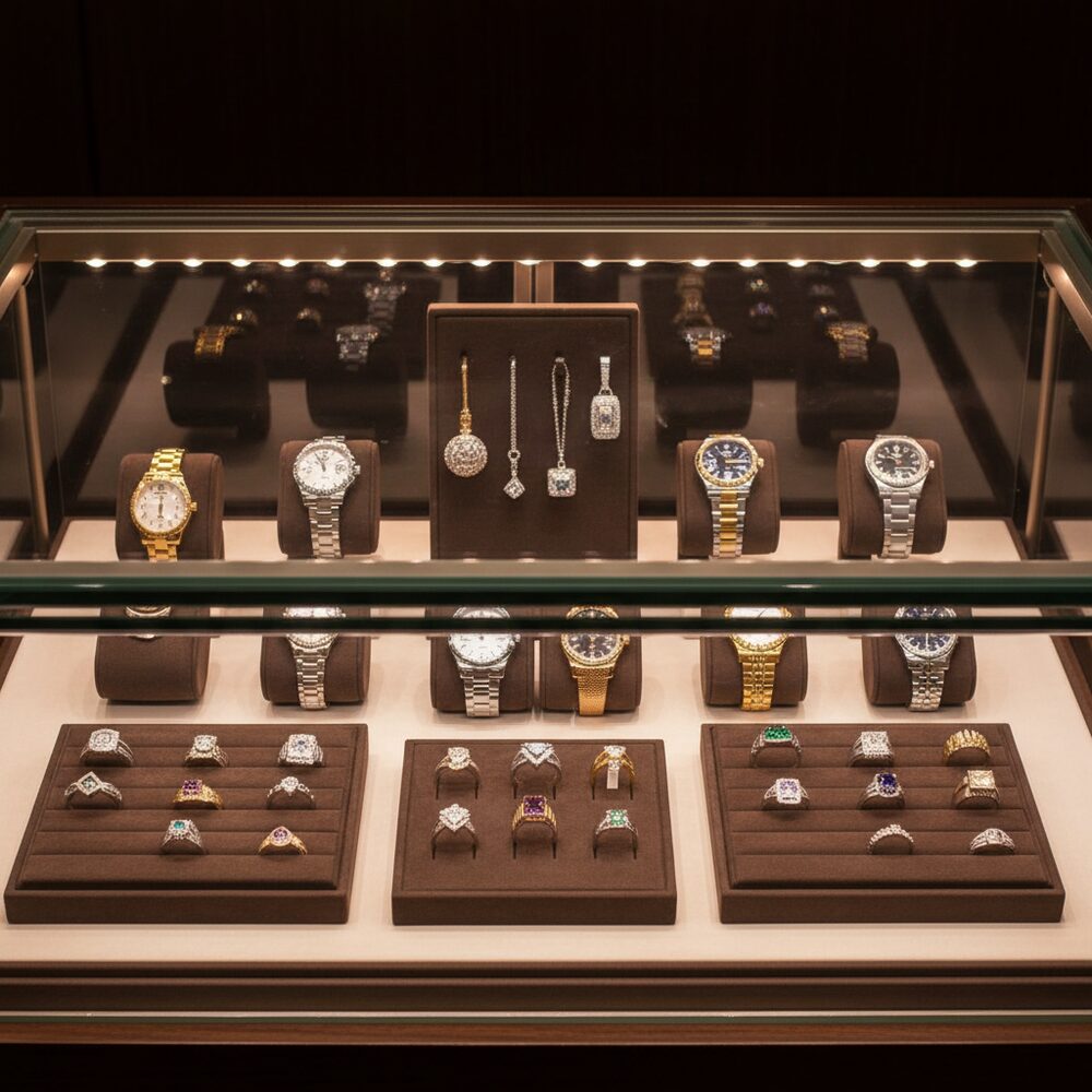 Jewelry display case in DWCC-111400-Per Yard Wallcovering with Backing