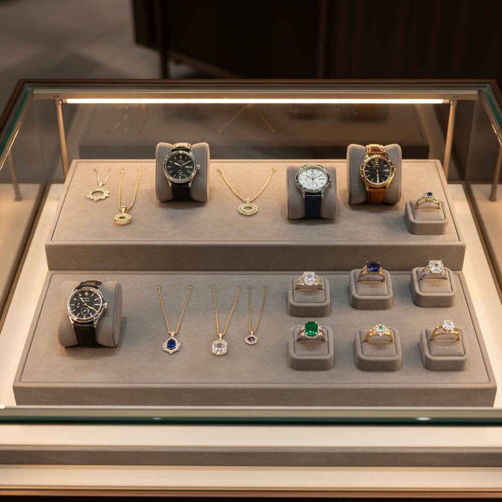 Jewelry display case in DWCC-112000-Per Yard Wallcovering with Backing
