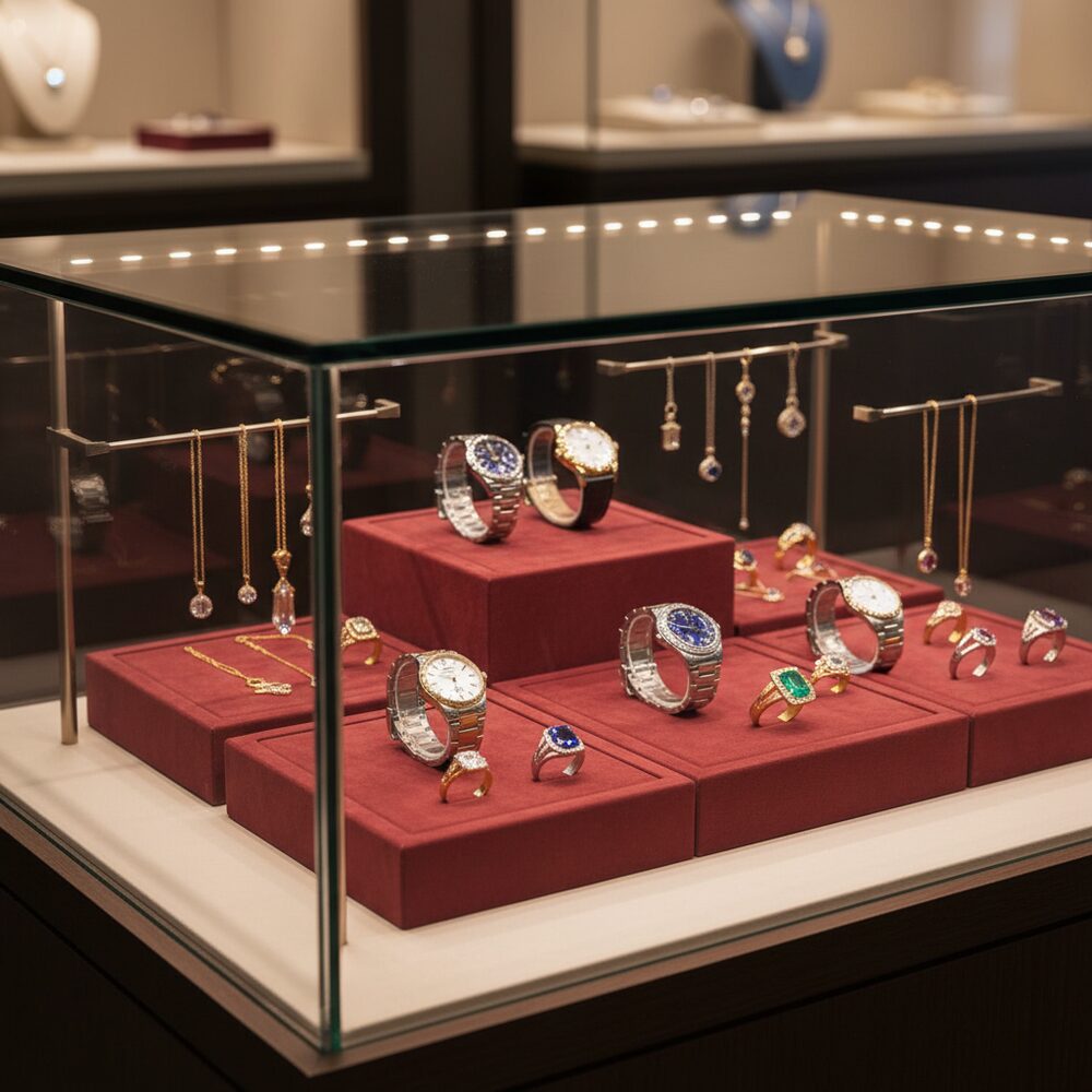 Jewelry display case in DWCC-112360-Per Yard Wallcovering with Backing