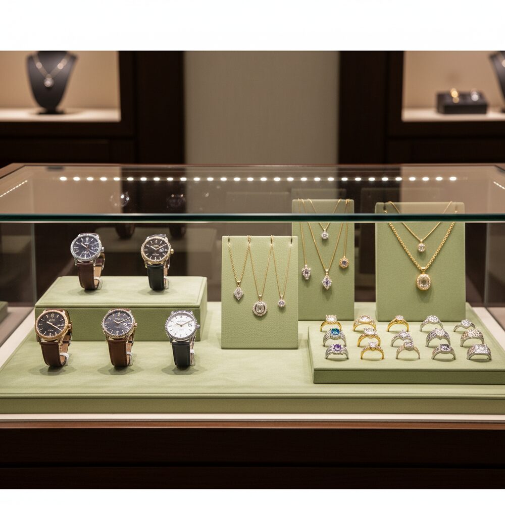 Jewelry display case in DWCC-113400-Per Yard Wallcovering with Backing