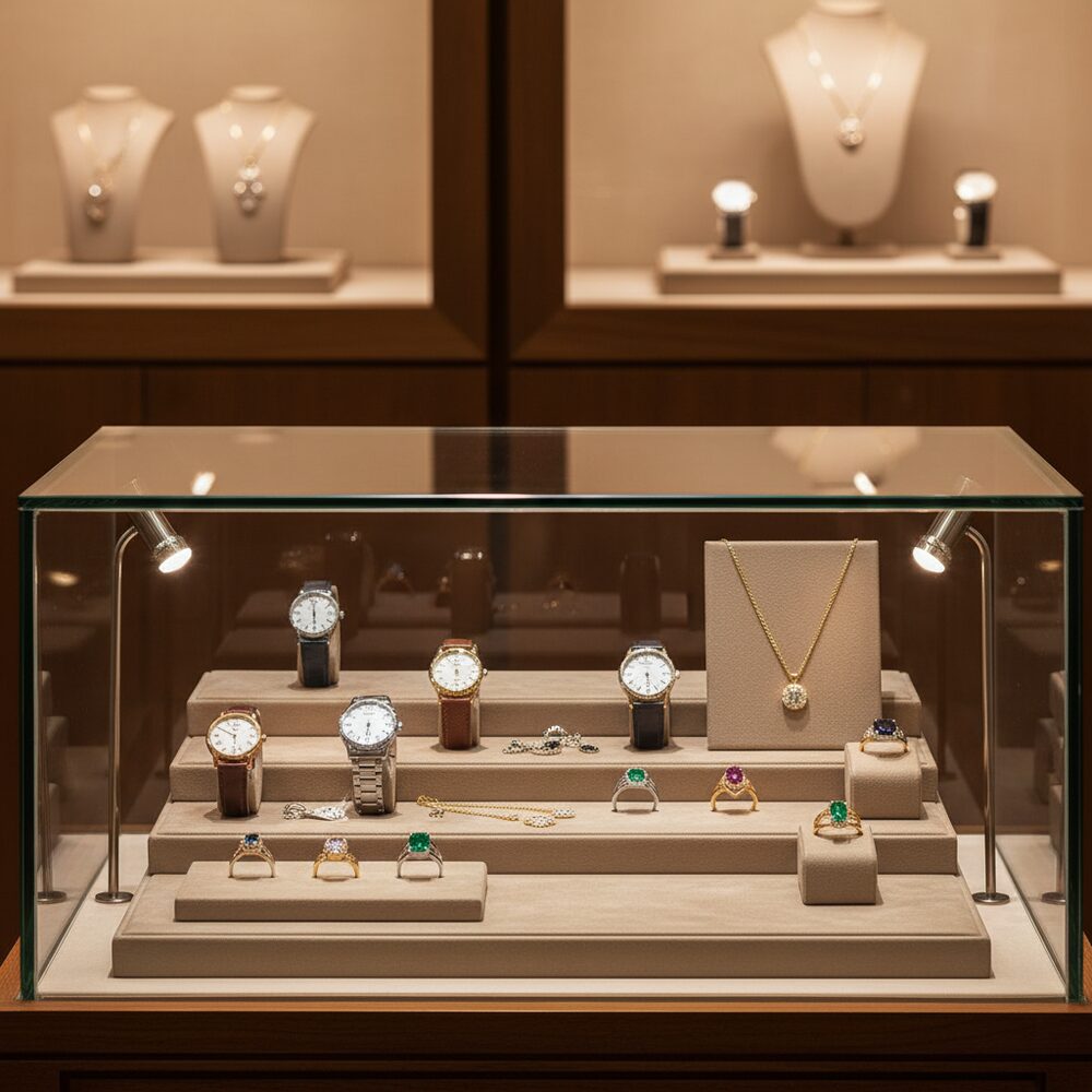 Jewelry display case in DWCC-113600-Per Yard Wallcovering with Backing