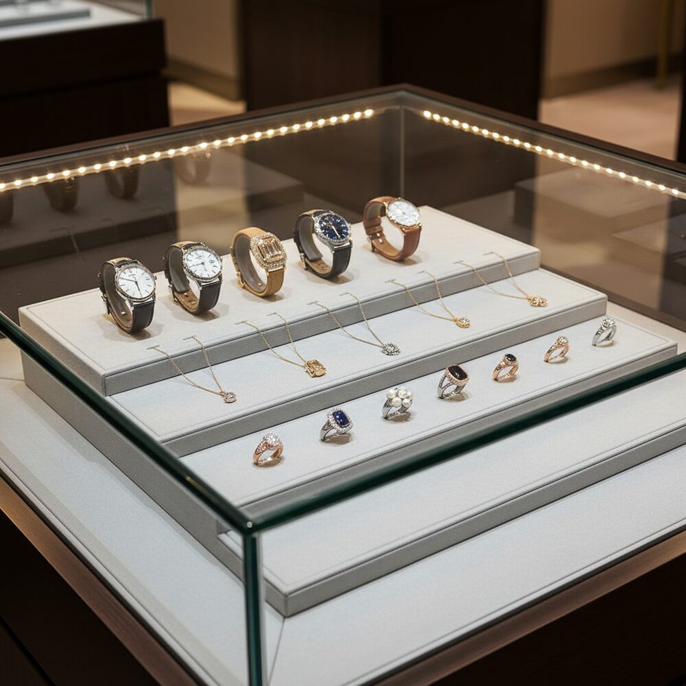 Jewelry display case in DWCC-91200-Per Yard Wallcovering with Backing