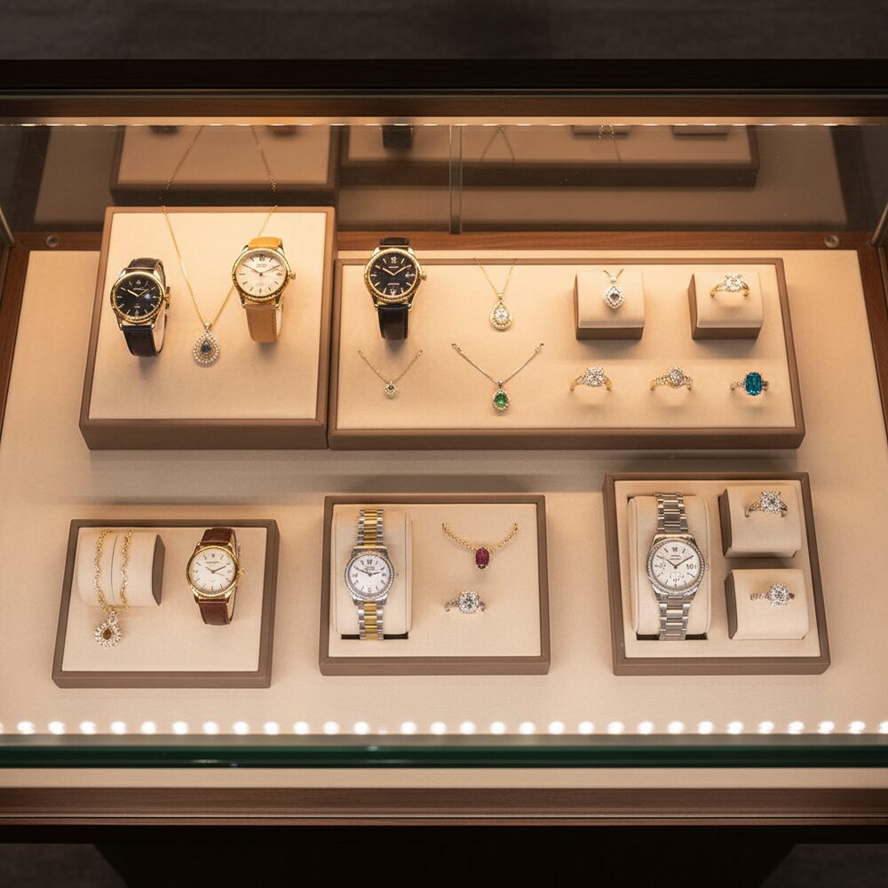 Jewelry display case in DWCC-91400-Per Yard Wallcovering with Backing