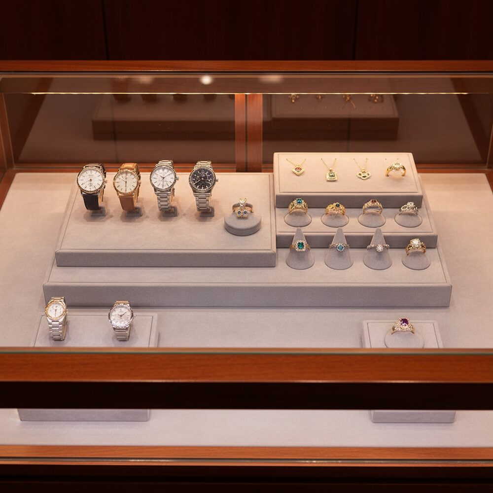 Jewelry display case in DWCC-92000-Per Yard Wallcovering with Backing