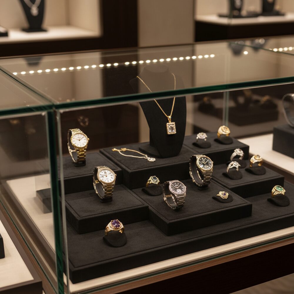Jewelry display case in DWCC-93400-Per Yard Wallcovering with Backing
