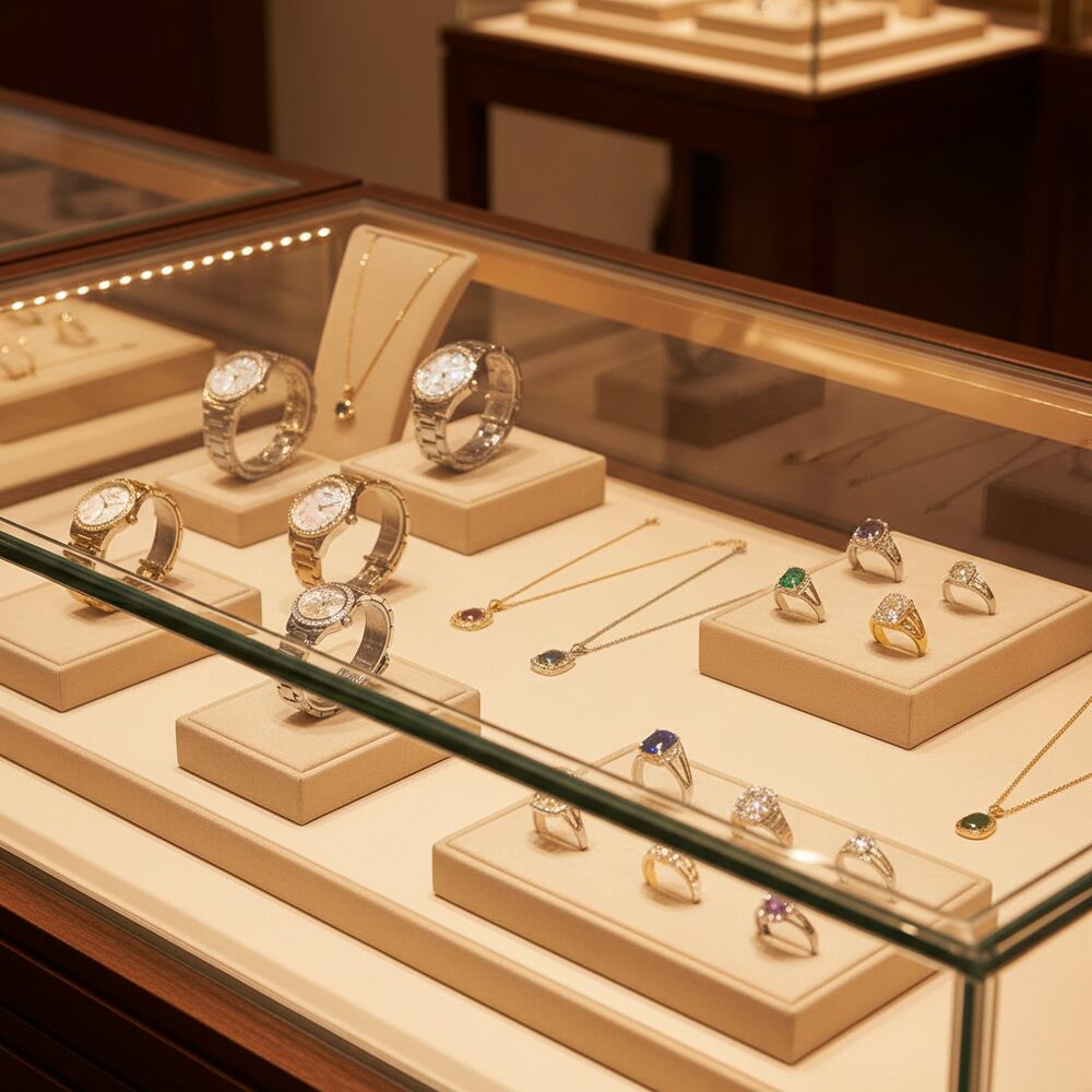 Jewelry display case in DWCC-97000-Per Yard Wallcovering with Backing