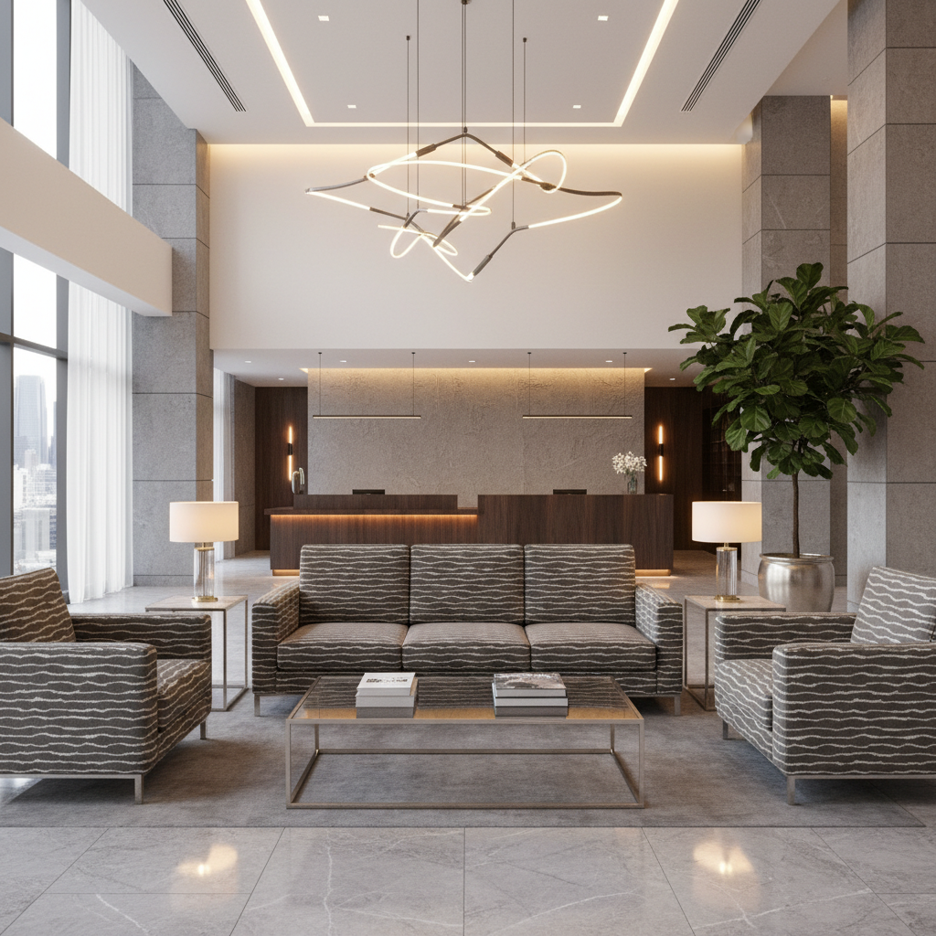 Marshall Taupe / Ivory Hotel Lobby Setting | Architectural Fabrics
