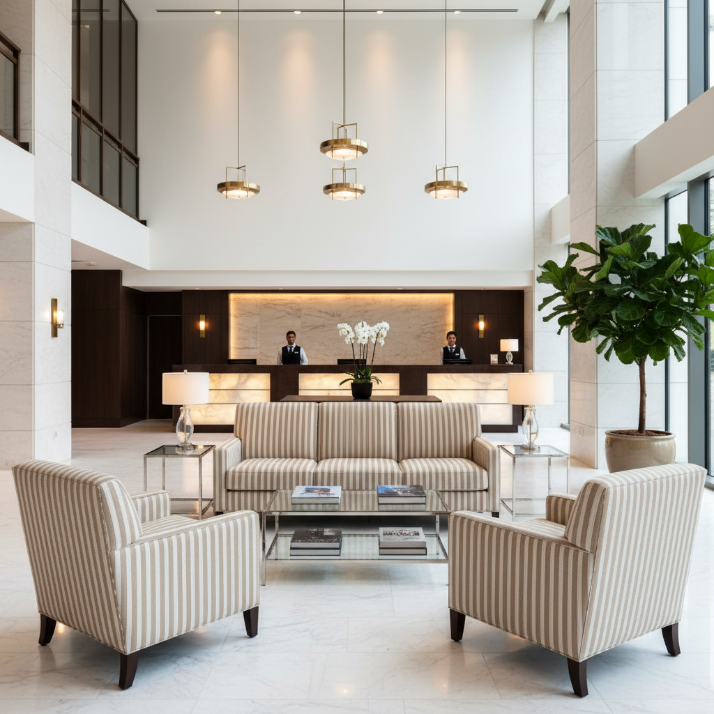 Lawrenceville Beige / Ivory Hotel Lobby Setting | Architectural Fabrics