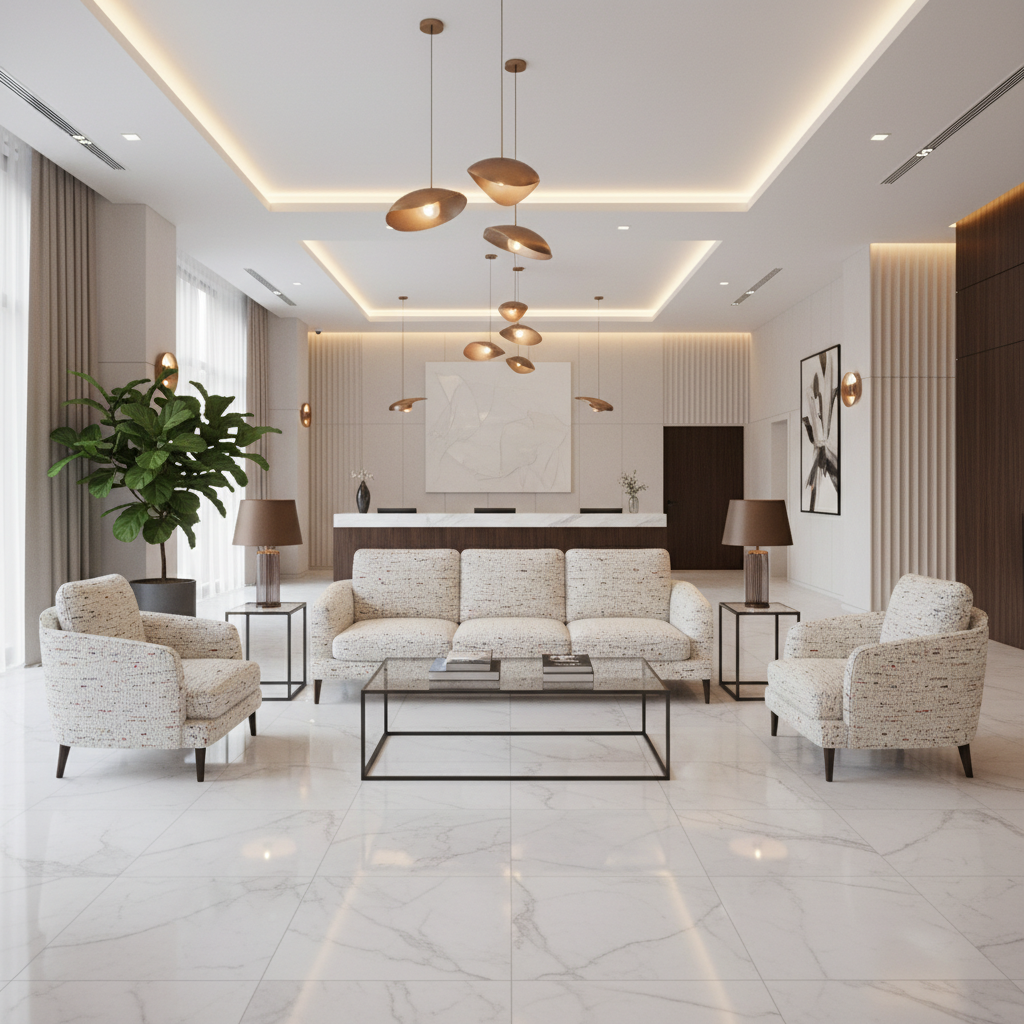 Palmyra Pewter Hotel Lobby Setting | Architectural Fabrics