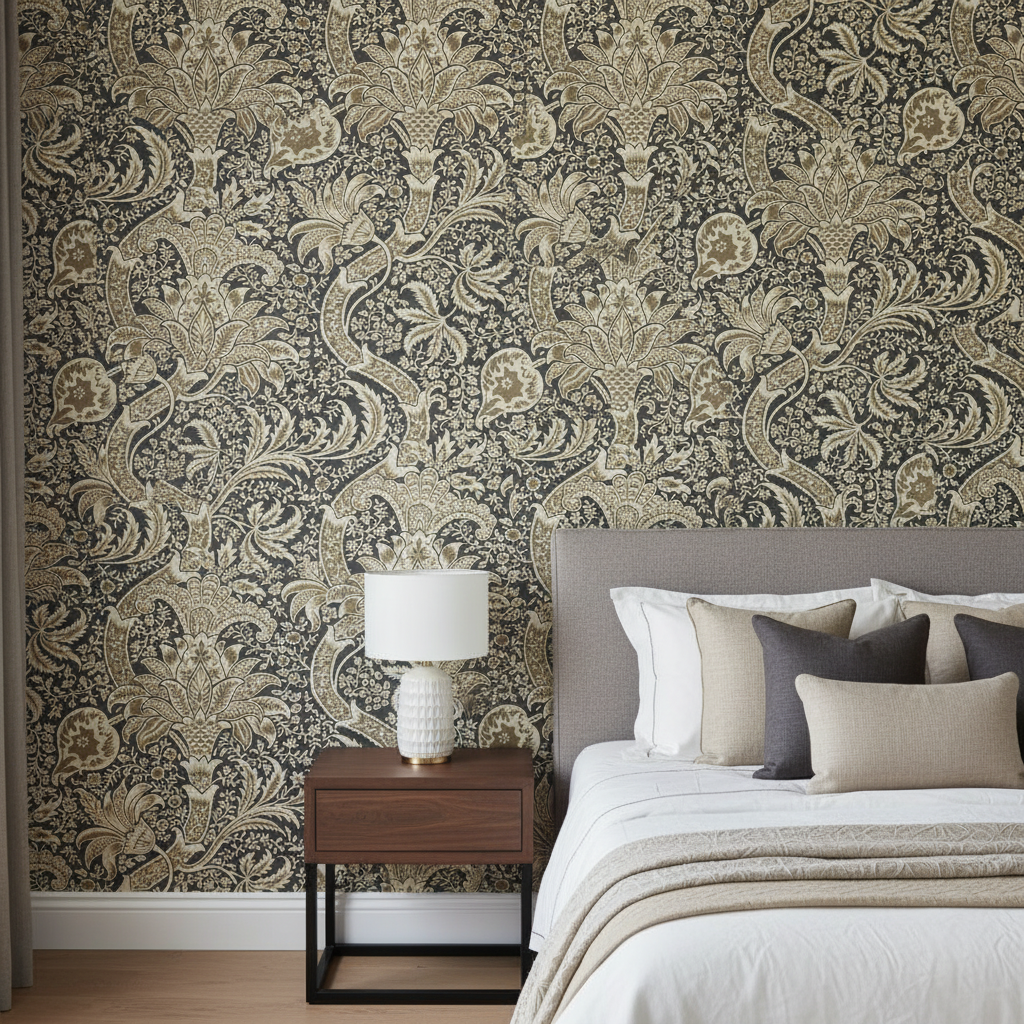 DWWM-14011 Indian Nickel Charcoal | William Morris - Guest Bedroom Setting | William Morris