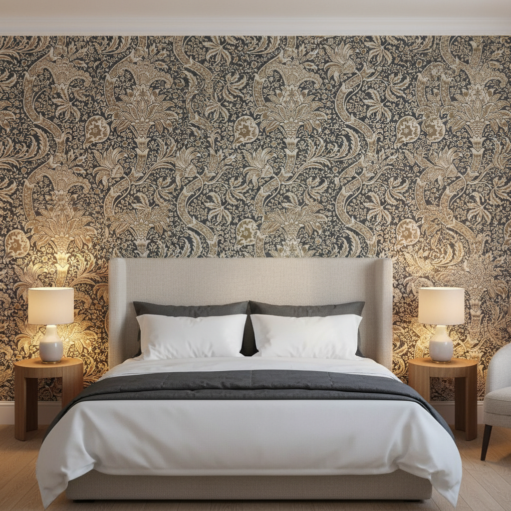 DWWM-14011 Indian Nickel Charcoal | William Morris - Master Bedroom Setting | William Morris